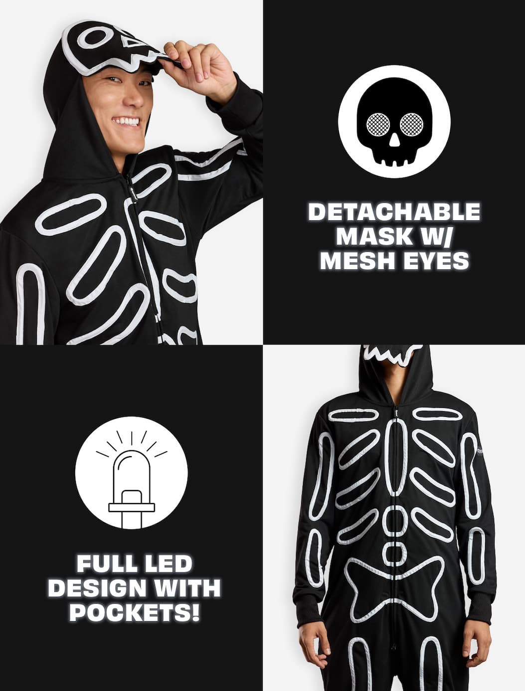 Attached see through mask, sturdy LED light structure, Pockets with battery pack.