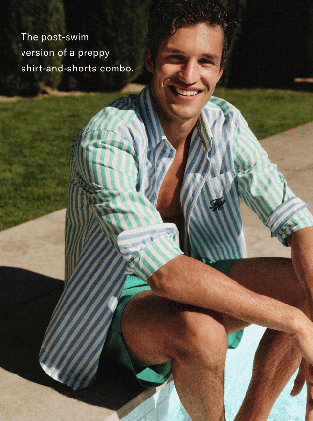 The post-swim version of a preppy shirt-and-shorts combo.