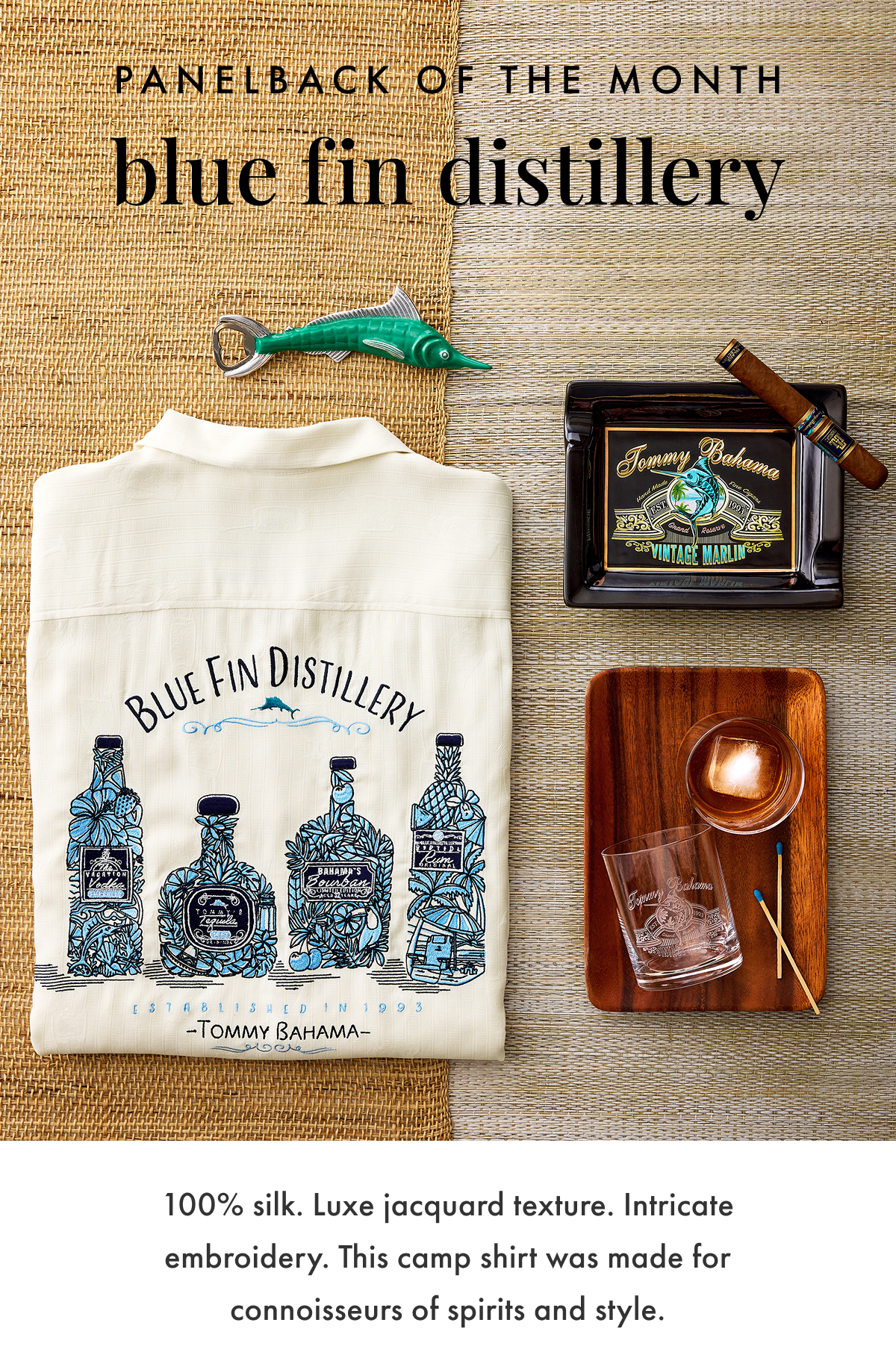 Panelback of the Month. Blue Fin Distillery. 100% Silk. Luxe jacquard texture. Intricate embroidery. This camp shirt was made for connoisseurs of spirits and style.