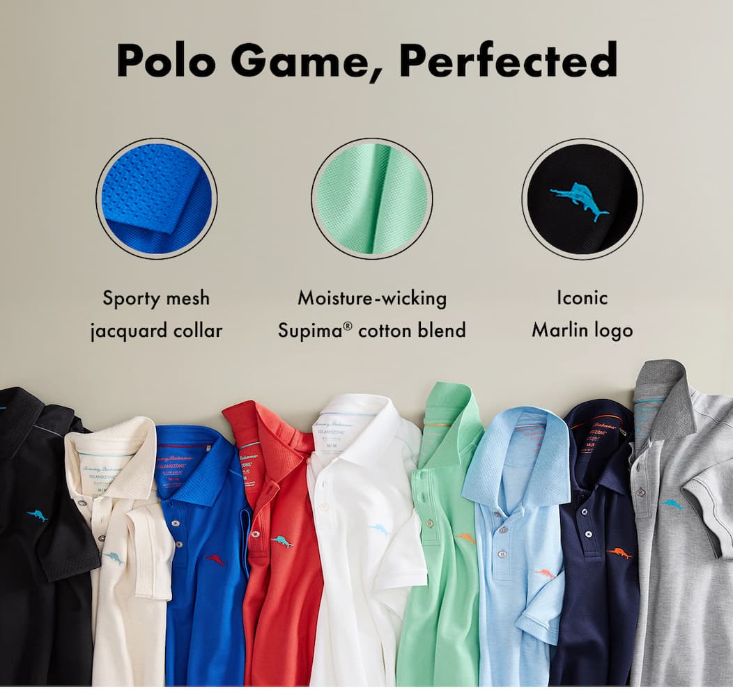 Polo Game, Perfected. Sporty mesh jacquard collar. Moisture-wicking Supima cotton blend. Iconic Marlin logo.
