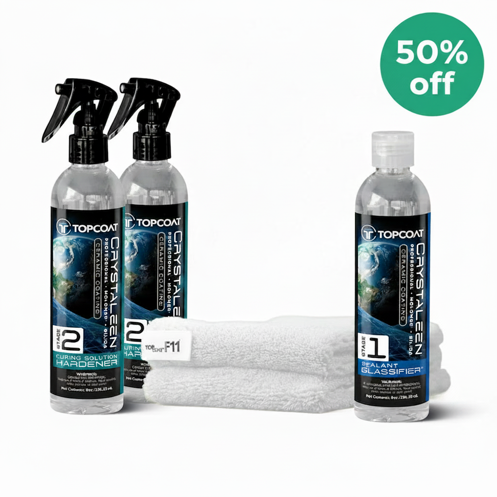 Topcoat Crystal Een ceramic coating products and microfiber towels with a 50% off sticker.