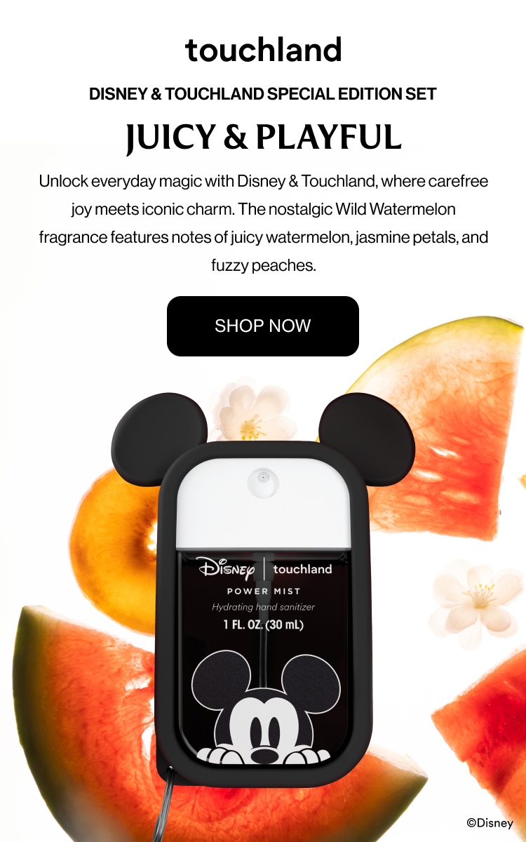 Disney & Touchland Special Edition Set Juicy & Playful Unlock everyday magic with Disney & Touchland, where carefree joy meets iconic charm. The nostalgic Wild Watermelon fragrance features notes of juicy watermelon, jasmine petals, and fuzzy peaches.