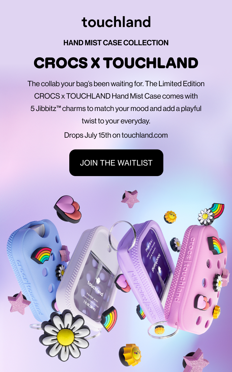 Hand Mist Case Collection | CROCS X TOUCHLAND | The collab your bag’s been waiting for. The Limited Edition CROCS x TOUCHLAND Hand Mist Case comes with 5 Jibbitz™ charms to match your mood and add a playful twist to your everyday. Drops July 15th on touchland.com Join The Waitlist