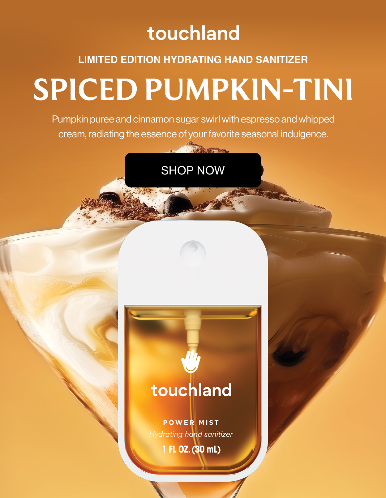 Limited Edition Hydrating Hand Sanitizer SPICED PUMPKIN-TINI Pumpkin puree and cinnamon sugar swirl with espresso and whipped cream, radiating the essence of your favorite seasonal indulgence.