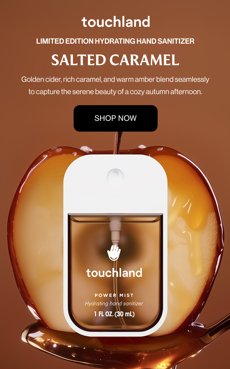 Limited Edition Hydrating Hand Sanitizer SALTED CARAMEL Golden cider, rich caramel, and warm amber blend seamlessly to capture the serene beauty of a cozy autumn afternoon.