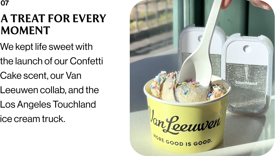 07 A TREAT FOR EVERY MOMENT We kept life sweet with the launch of our Confetti Cake scent, our Van Leeuwen collab, and the Los Angeles Touchland ice cream truck.
