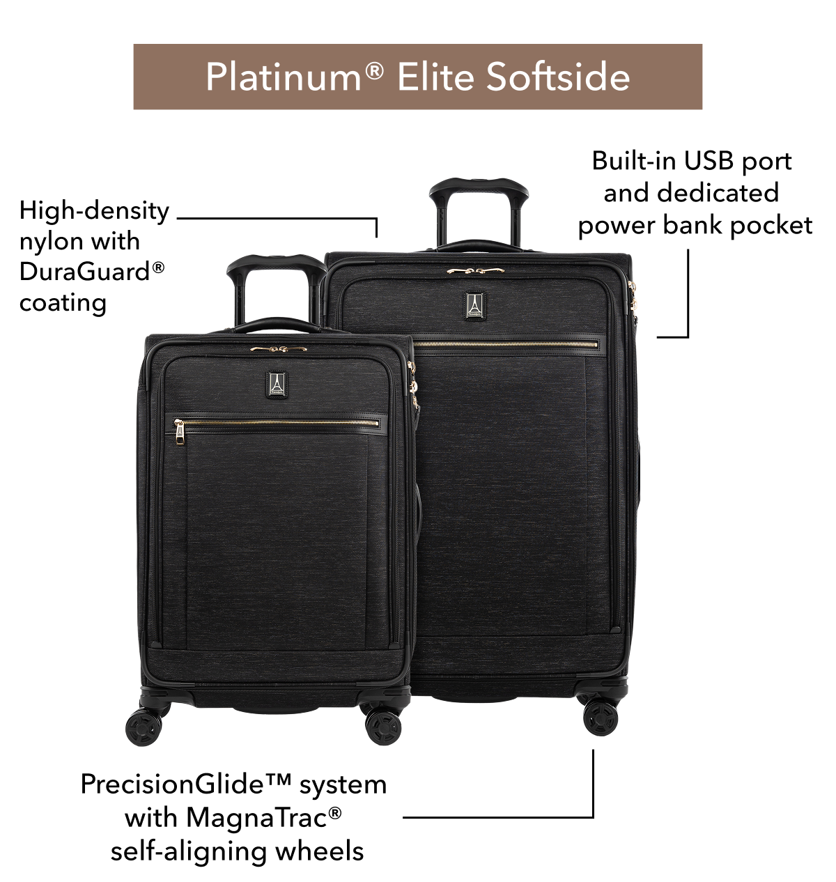 Platinum® Elite Softside | High-density nylon with DuraGuard® coating | Built-in USB port and dedicated power bank pocket | PrecisionGlide™ system with MagnaTrac® self-aligning wheels
