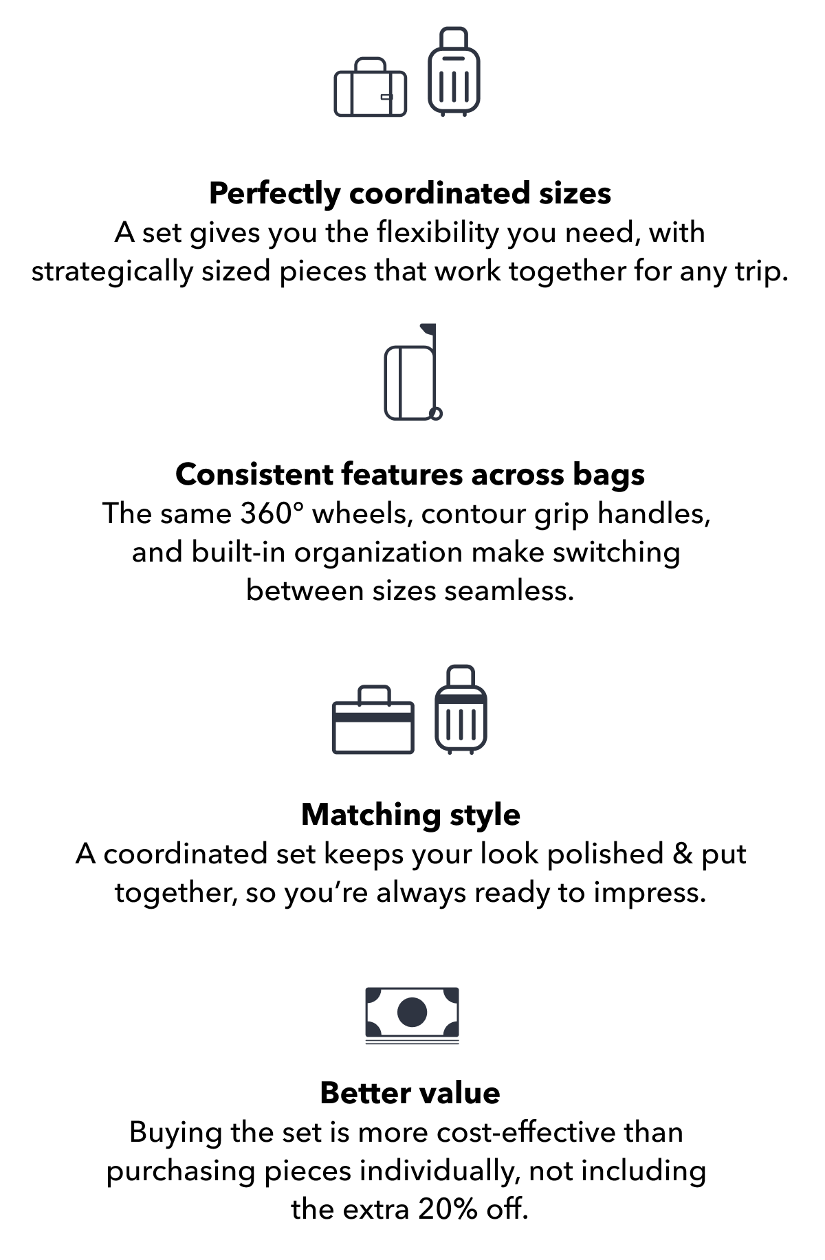 Perfectly coordinated sizes A set gives you the flexibility you need, with strategically sized pieces that work together for any trip. |  Consistent features across bags The same 360° wheels, contour grip handles,  and built-in organization make switching  between sizes seamless. | Matching style A coordinated set keeps your look polished & put together, so you’re always ready to impress. | Better value Buying the set is more cost-effective than  purchasing pieces individually, not including  the extra 20% off.