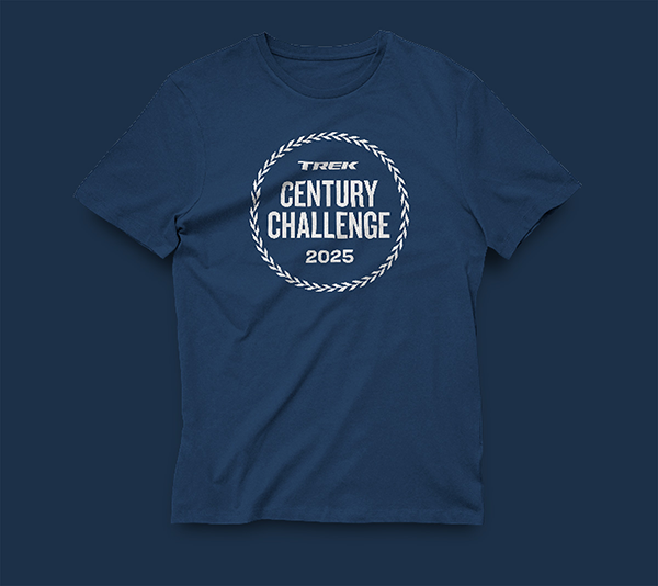 Navy blue t-shirt with Trek Century Challenge 2025 logo on it