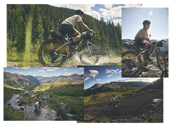 Collage of cyclists wearing helmets while riding all-new CheckOUT bikes on mountain bike trails
