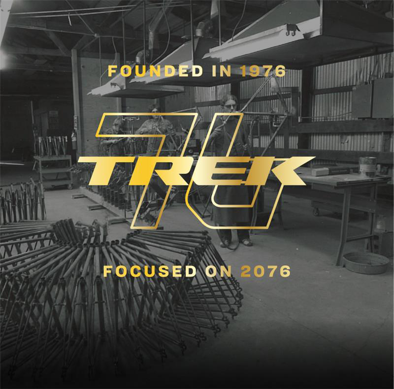 Black-and-white photo of a factory with workers assembling bicycle frames. Overlaid text reads: 'Founded in 1976 - TREK - Focused on 2076.'