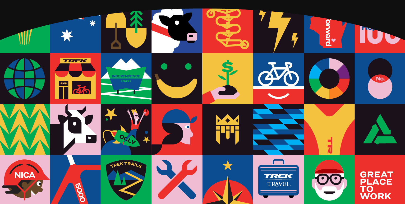 A colorful grid of various icons and symbols, including faces, bicycles, hands shaking, a globe, numbers, and logos, arranged in a geometric pattern