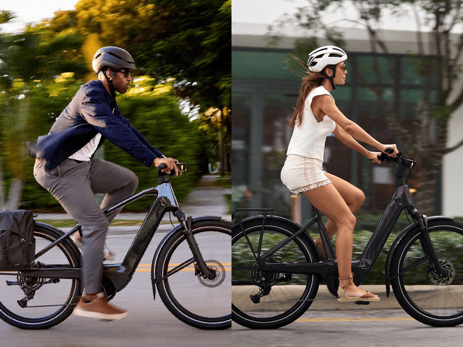 A man and a woman ride black Charter+. The man wears a helmet, sunglasses, and business casual attire, while the woman wears a helmet and casual shorts and top.