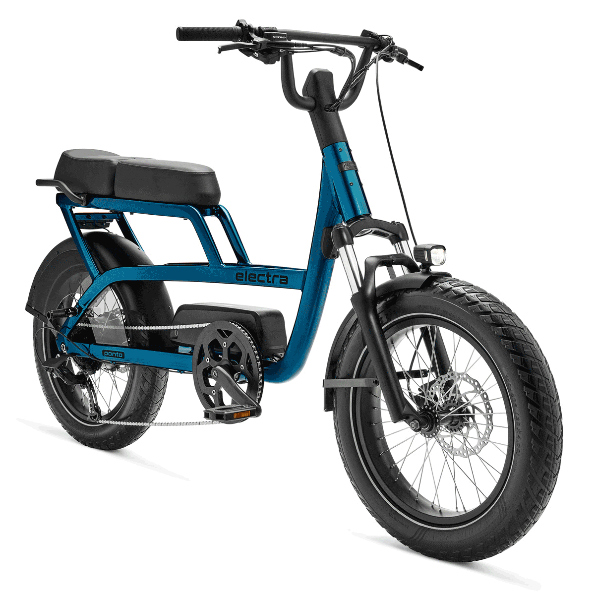Various colors of the Electra Ponto Go! electric bicycle with a black seat, black fenders, and black tires