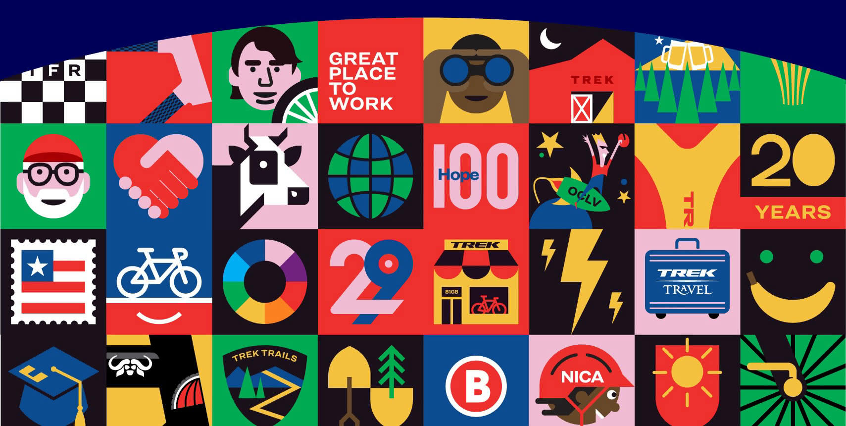 A colorful illustrated grid of Trek milestones and cultural moments celebrating 50 years of Trek Bicycle