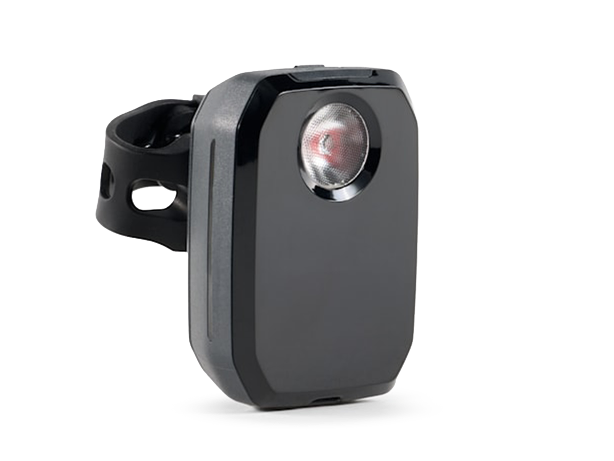Trek CarBack radar rear bike light with built-in camera on black background