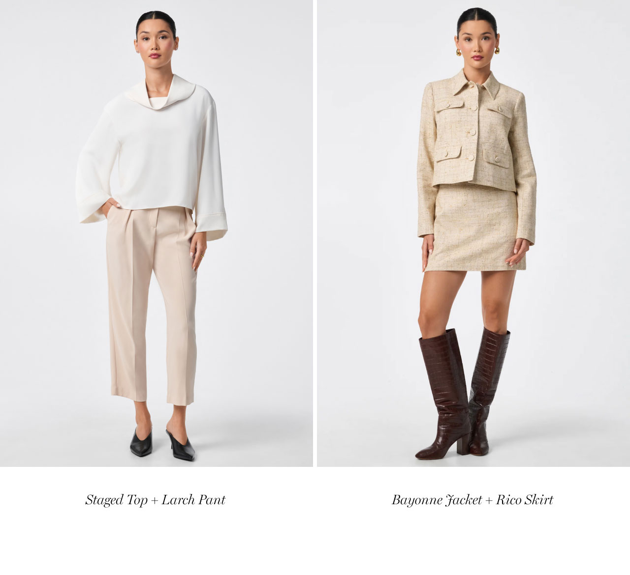 Staged Top + Larch Pant and Bayonne Jacket + Rico Skirt