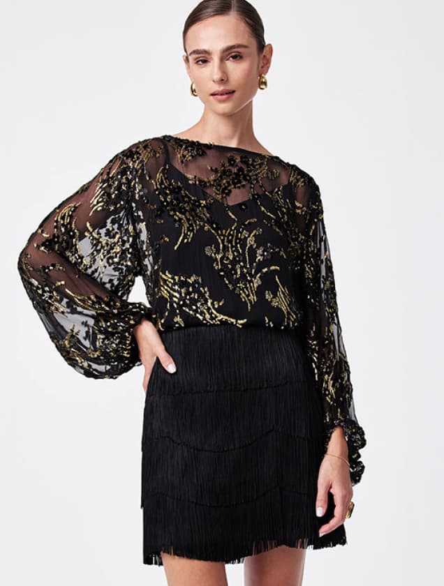 Ursa Metallic Burnout Balloon Sleeve Top