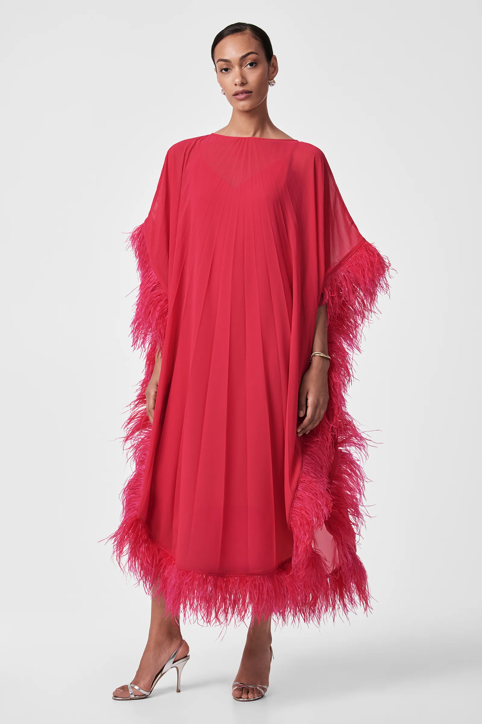 Image of Pleated Neena Feather-Trimmed Caftan Dress