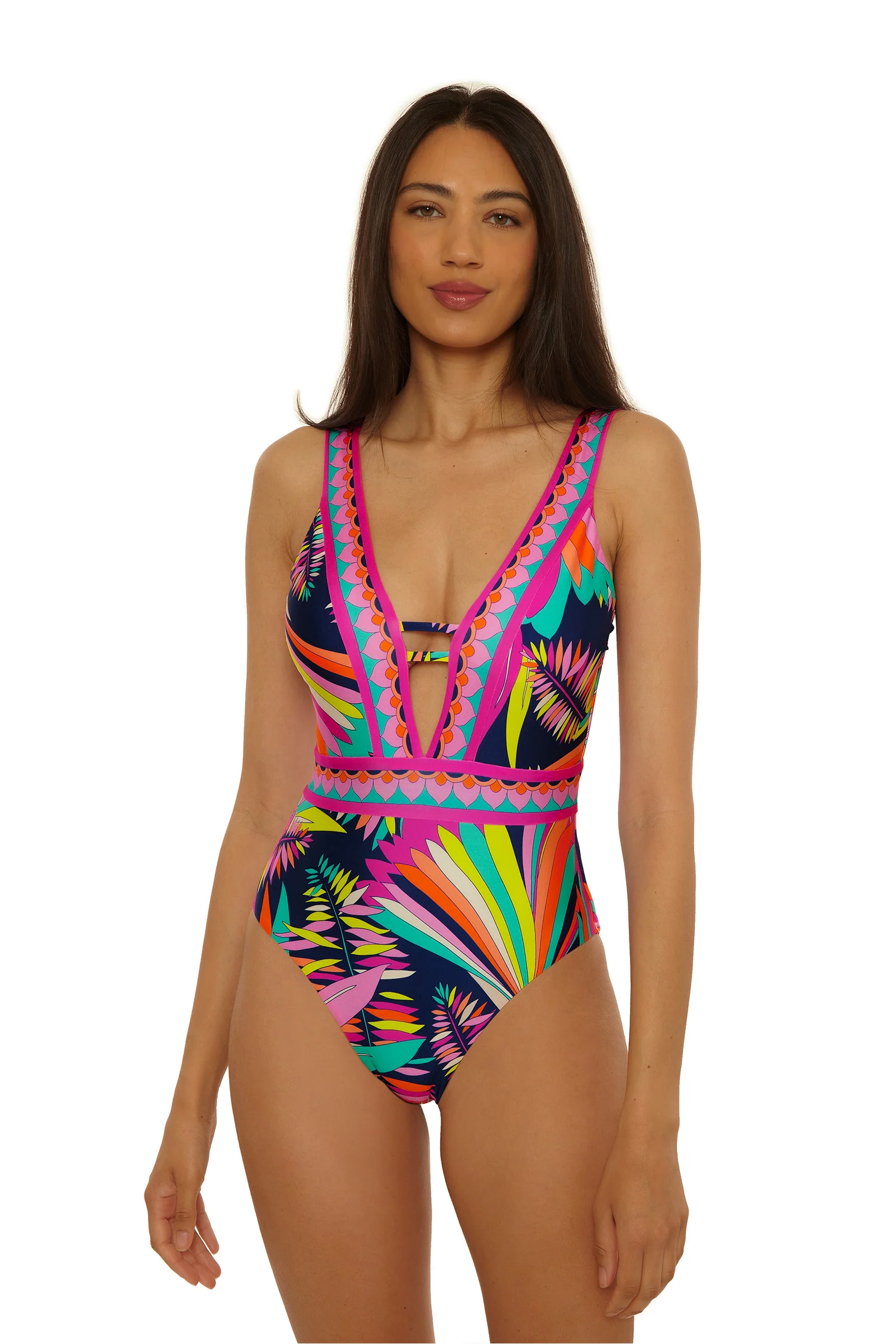 Image of Border Plunge One-Piece Swimsuit - Paralia