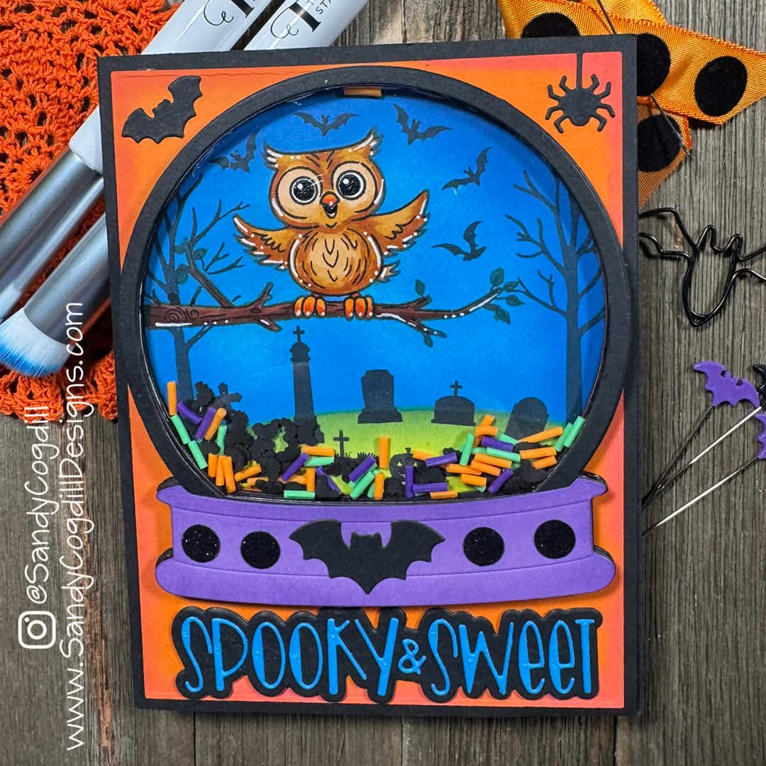 Sandy Cogdill shows off the new Hoot Hoot Hooray stamp & die set with the Not 2 Shabby Snow Globe Die Set & Trinity Shaker Pouch