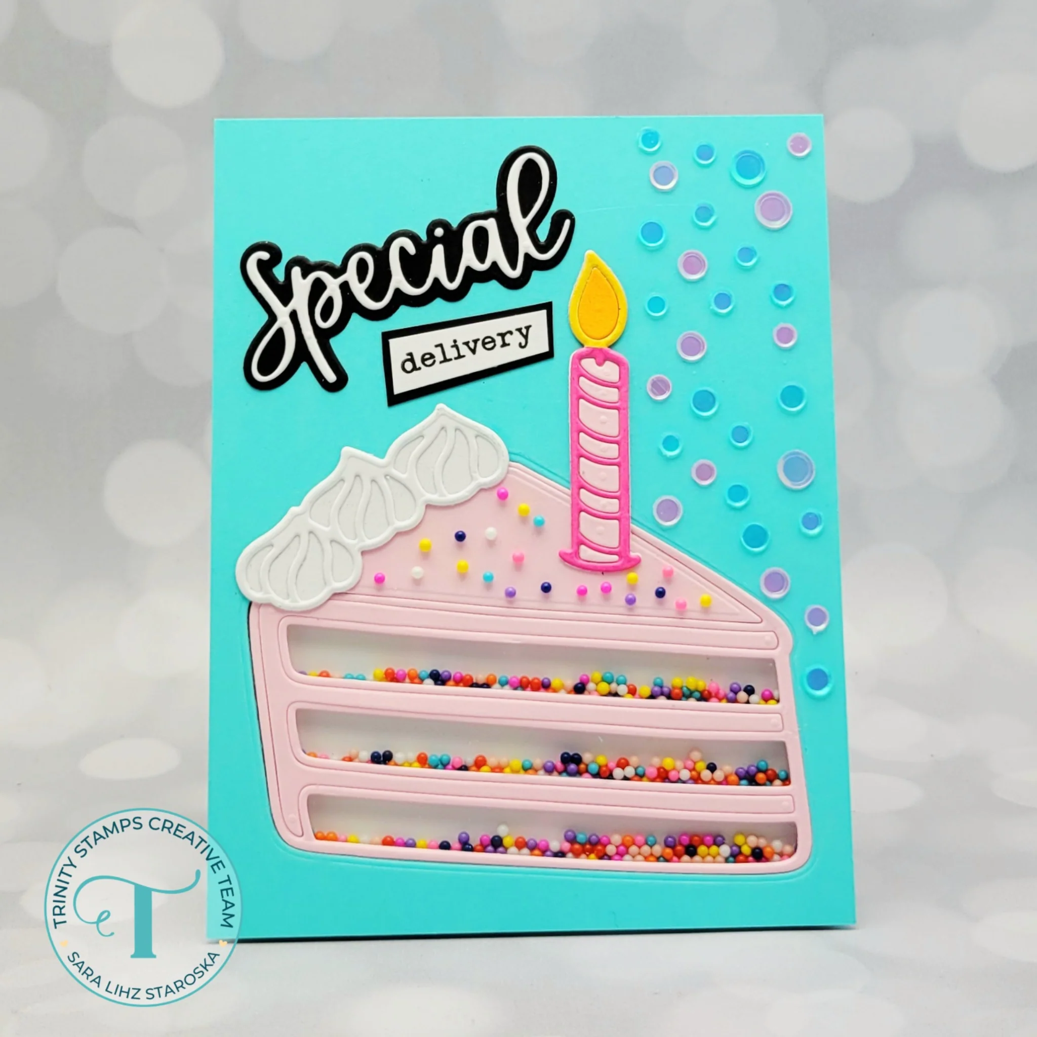 Sara Lihz shares a shaker card featuring Sparkle Spots and the You Take the Cake die set