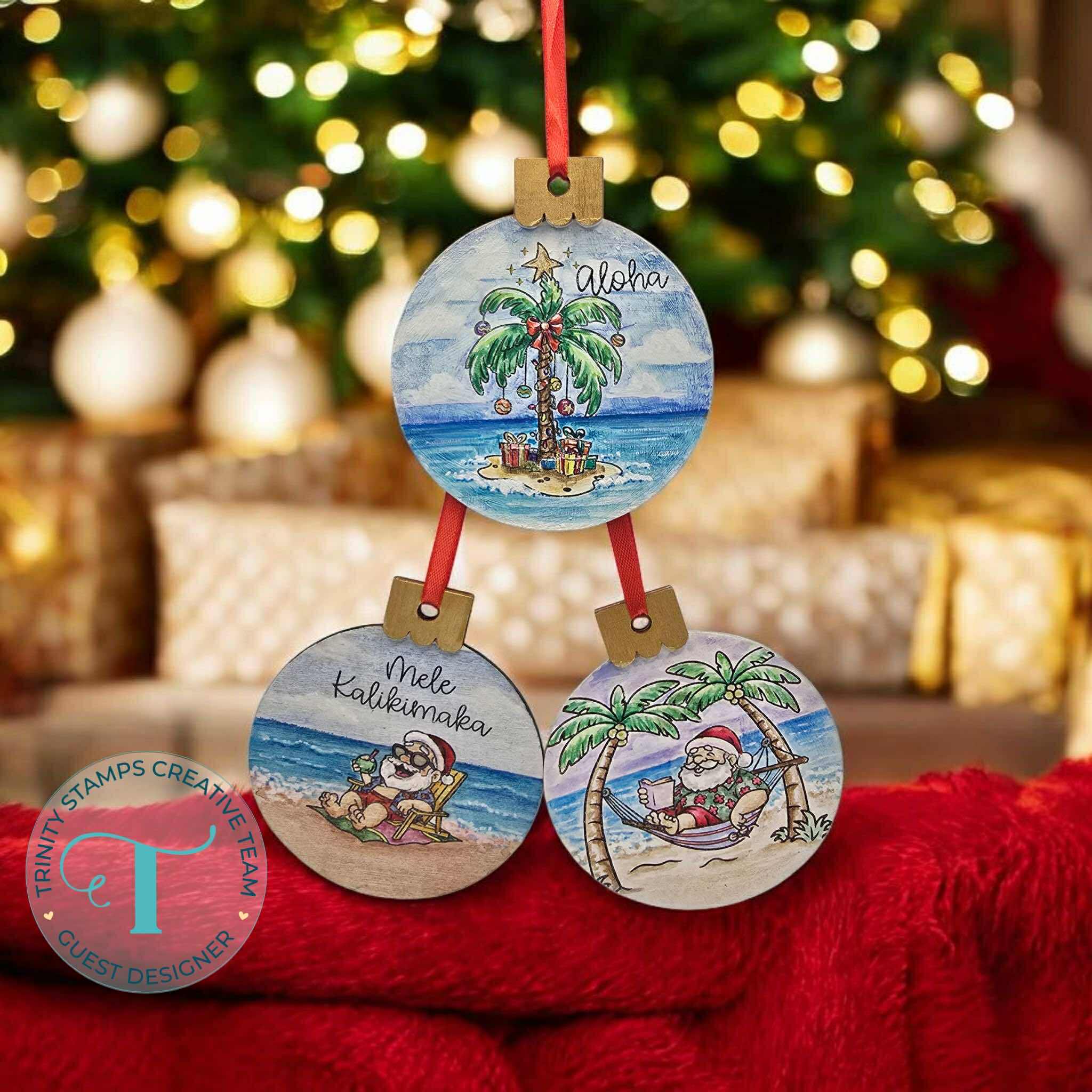 Wood ornaments watercolored by Norma Medina using Trinity Stamps designs