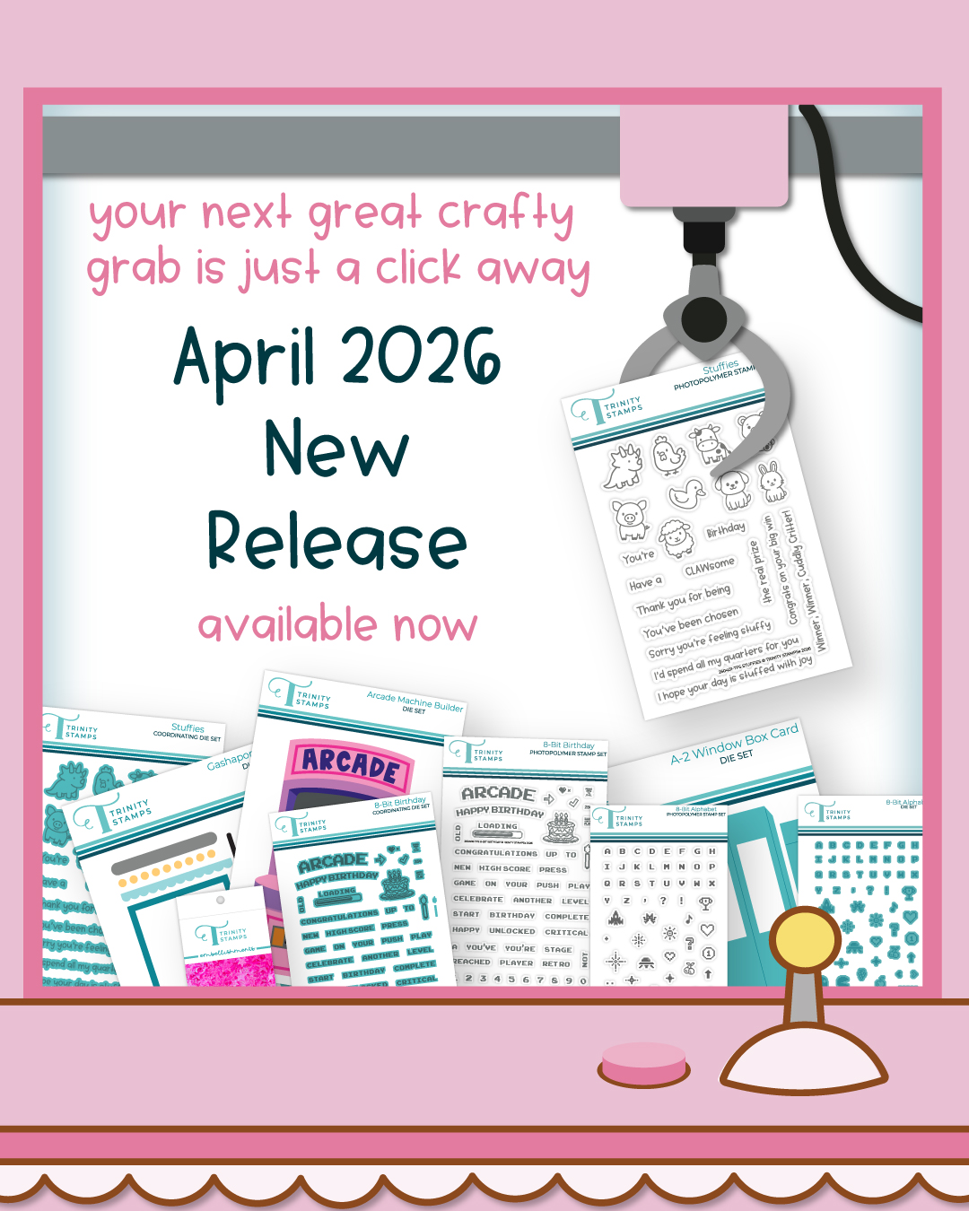 Trinity Stamps April New Release is available now. Packed with retro arcade game fun. Level up your crafting game with these fun new products.