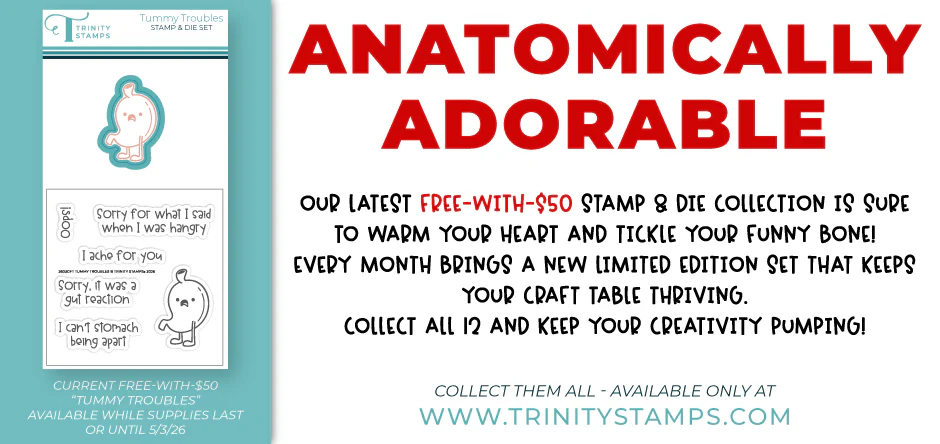 Freebie announcement graphic for new collectible stamp & die set, Tummy Trouble