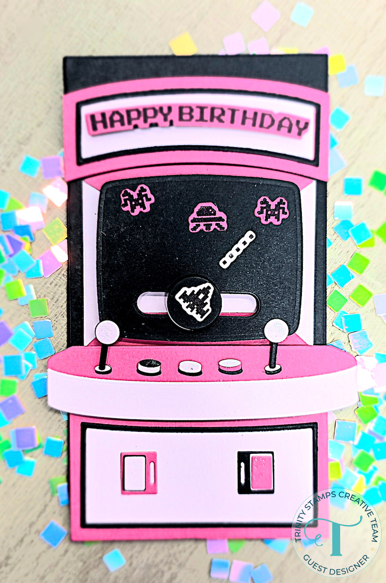 Greeting card featuring a pink and black retro-themed birthday card using the Arcade Machine Builder Die Set
