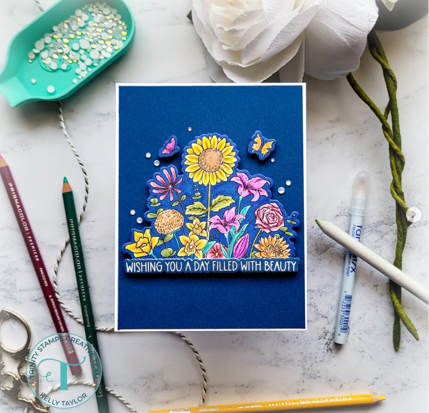 A high contrast greeting card in blue, yellow and pink featuring a floral bouquet and a message stating, "Wishing you a day filled with beauty"