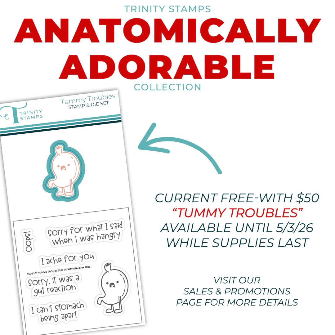 Graphic sharing the Tummy Troubles collectible stamp & die set