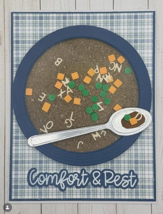Soup-themed get well shaker card in calming tones of blue