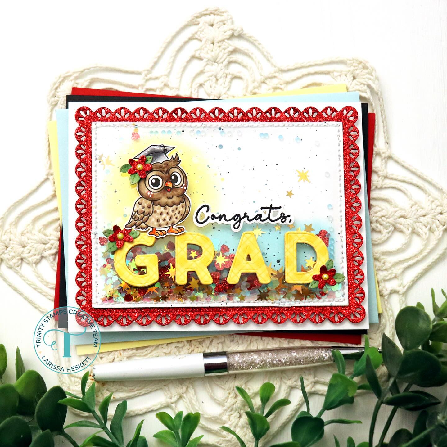 It’s graduation time! Our Hoot Hoot Hooray set is not only great for birthday but gives you images to make grad cards. See Larissa’s graduation shaker...