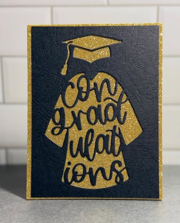 ConGRADulations Die Set featured in black with gold sparkle background paper