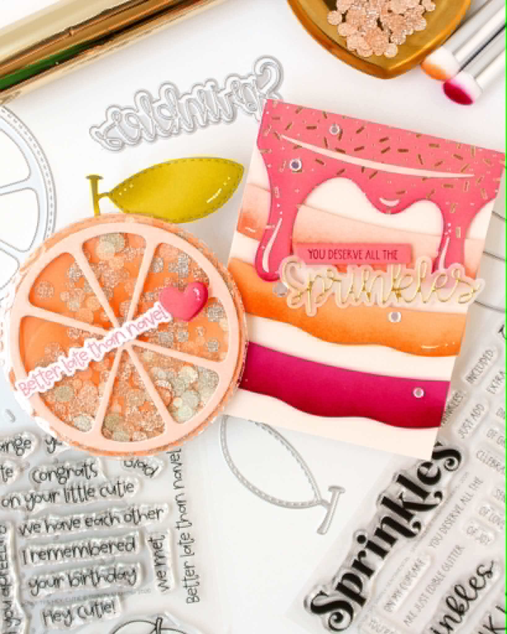 Duo of cards created by Carissa Wiley, one an orange shaker card, the other a stacked layer cake card