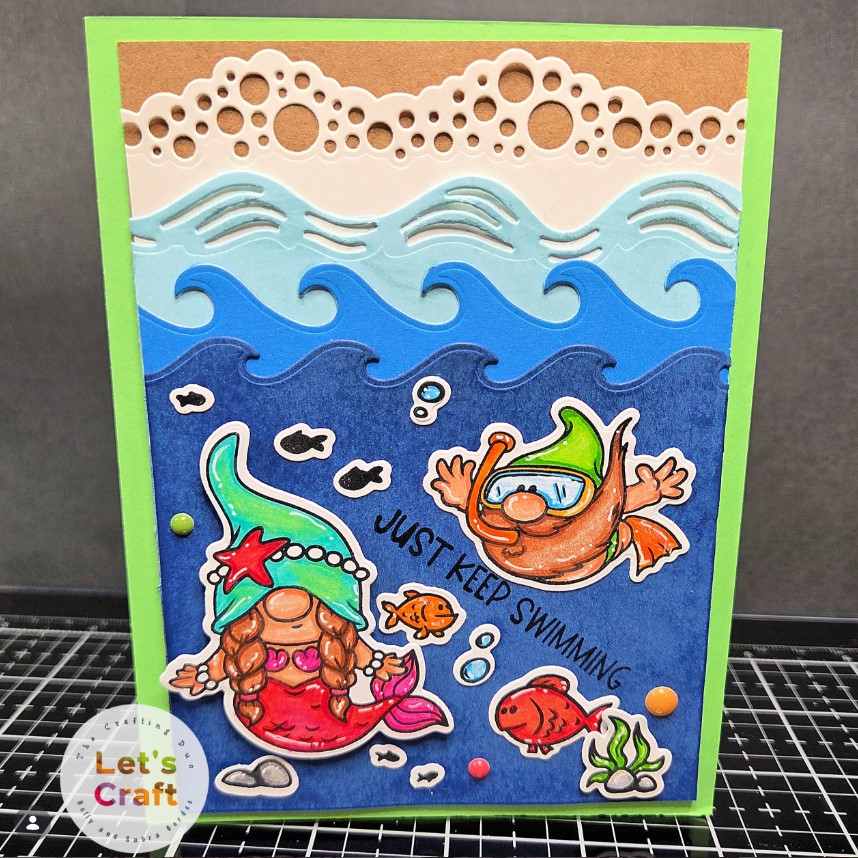 Gnomies Under the Sea scene with ocean waves and deep sea fish