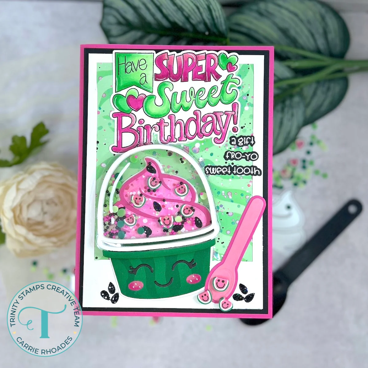 Watermelon-flavored frozen yogurt-themed greeting card in a green watermelon cup with a smiley face. Pink yogurt under a domed lid, with a message reading "Have a super sweet birthday! a gift fro-yo sweet tooth"