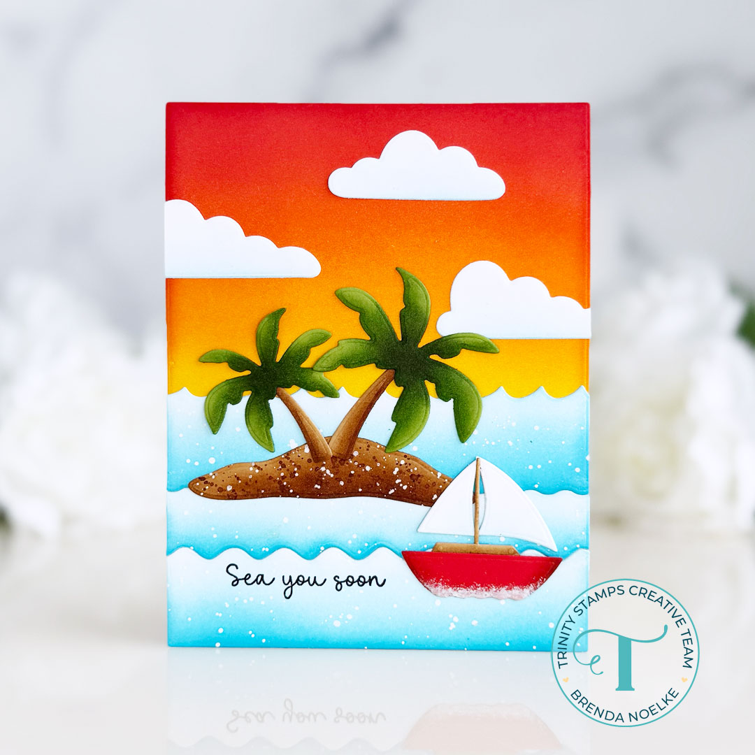 Greeting card in bright orange, blue, red, and green featuring a tiny island scene in the ocean with a red railboat in front. Reads "sea you soon"