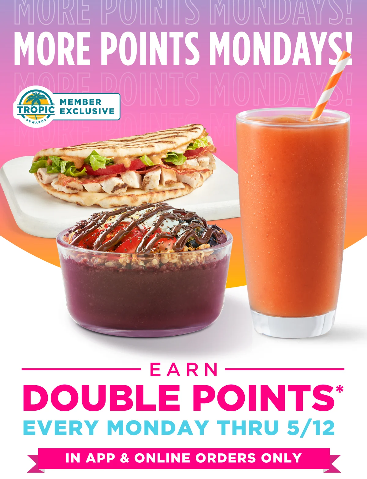 MORE POINTS MONDAYS! TROPIC REWARDS MEMBER EXCLUSIVE. EARN DOUBLE POINTS* EVERY MONDAY THRU 5/12. IN APP & ONLINE ORDERS ONLY.