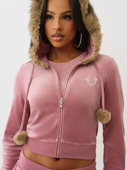 SHOP VELOUR FAUX FUR SHRUNKEN ZIP HOODIE