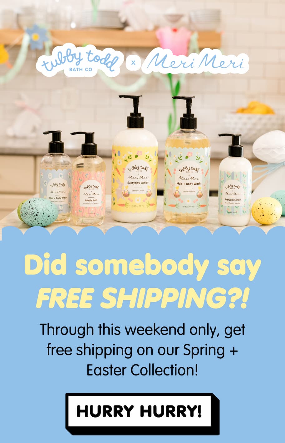 Blue promotional banner reading “Did somebody say FREE SHIPPING?!” with text announcing free shipping on the Spring and Easter Collection through the weekend and a “Hurry Hurry!” callout button.