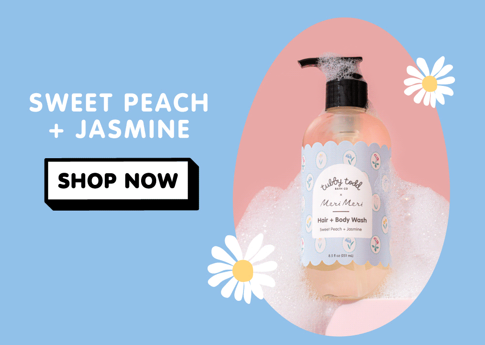 A bottle of Tubby Todd hair and body wash in the Sweet Peach + Jasmine scent surrounded by bubbles, with floral accents and a “Shop Now” button.