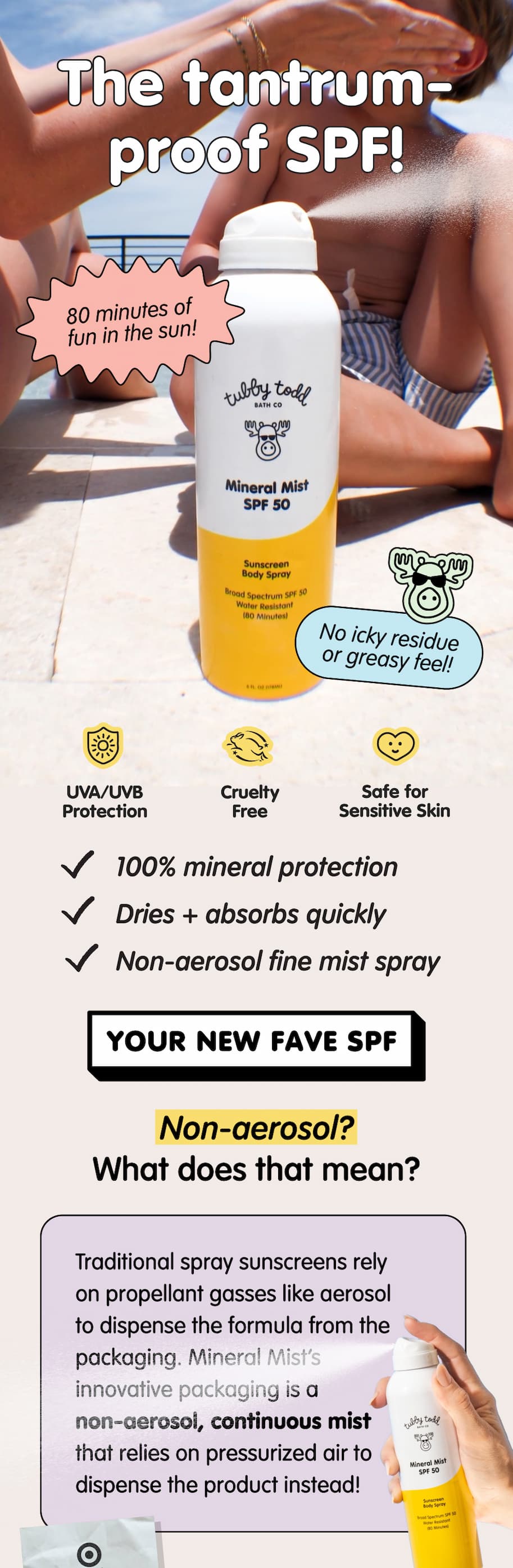 Tubby Todd Mineral Mist SPF 50 Body Spray featured with messaging highlighting "The tantrum-proof SPF!" and 80 minutes of water resistance. Benefits include 100% mineral broad-spectrum UVA/UVB protection, quick-drying, non-greasy feel, non-aerosol continuous fine mist, cruelty-free, and safe for sensitive skin. The email also explains how the innovative non-aerosol packaging uses pressurized air instead of propellant gases for an even, continuous spray.