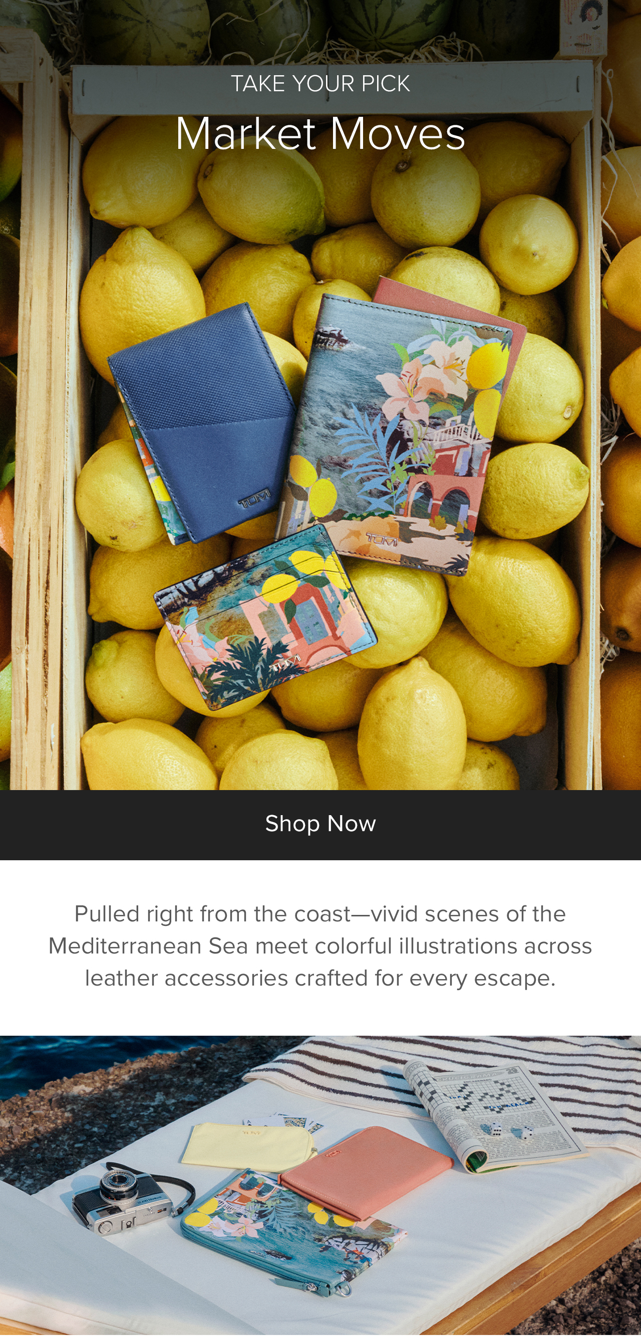 MARKET MOVES - Pulled right from the coast—vivid scenes of the Mediterranean Sea meet colorful illustrations across leather accessories crafted for every escape.
