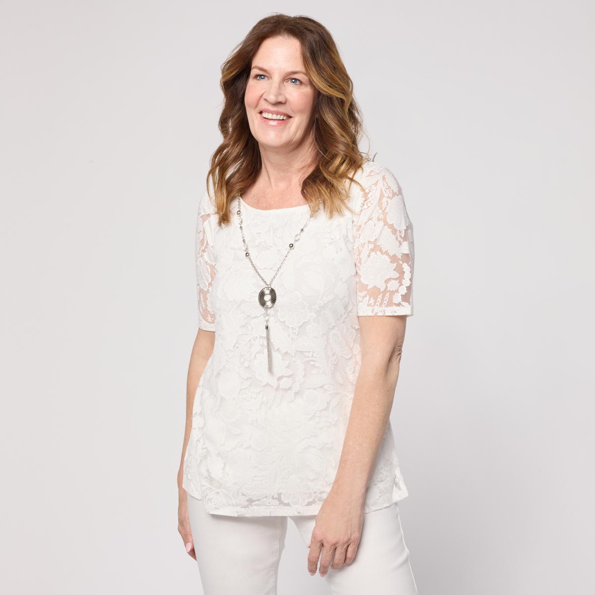 Nina Leonard Burnout Knit Elbow Sleeve Necklace Top