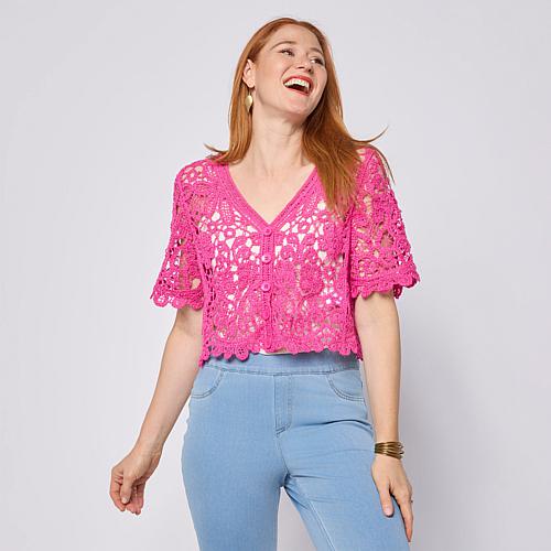 Nina Leonard Open Crochet Elbow-Sleeve Bolero Top