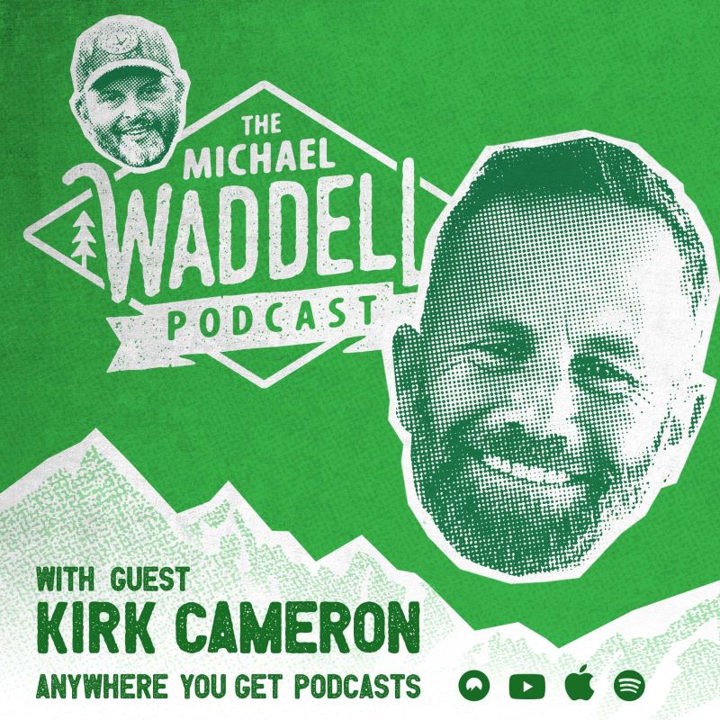 Green and white background with white lettering - image of Michael Waddell and Kirk Cameron