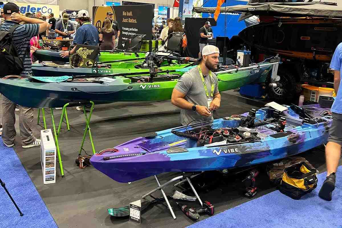 Warehouse full of colorful kayaks
