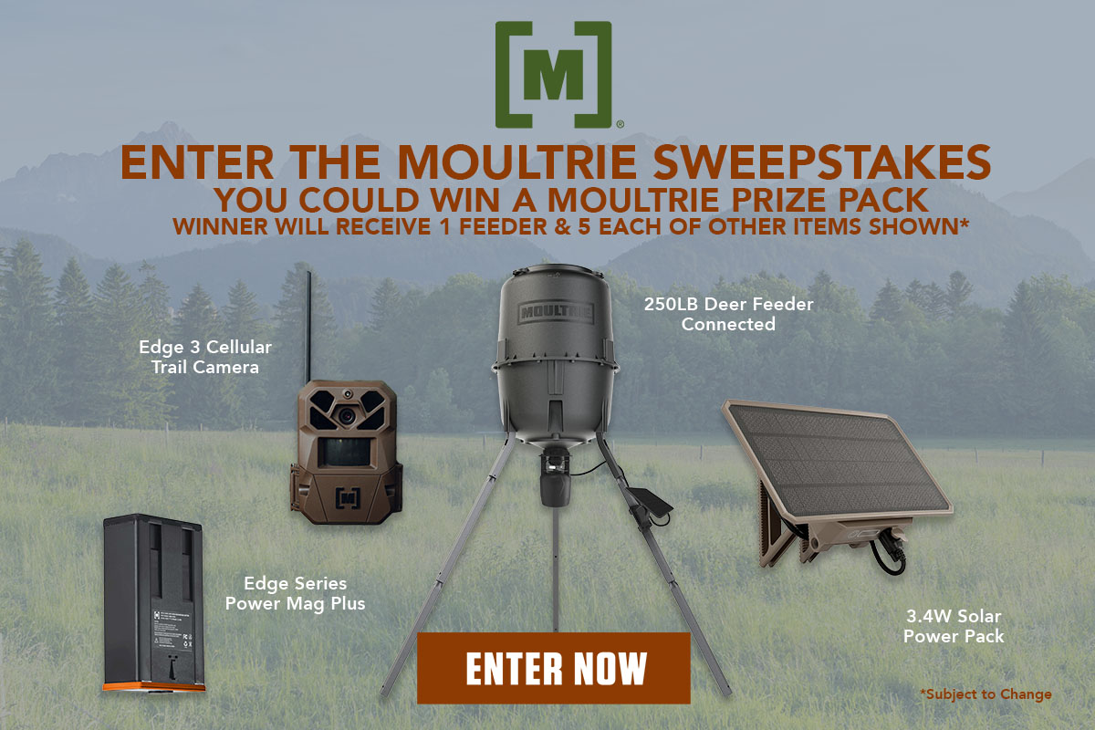 Prizes displayed amongst forest background and text reading: Moultrie Trial Cam Sweepstakes